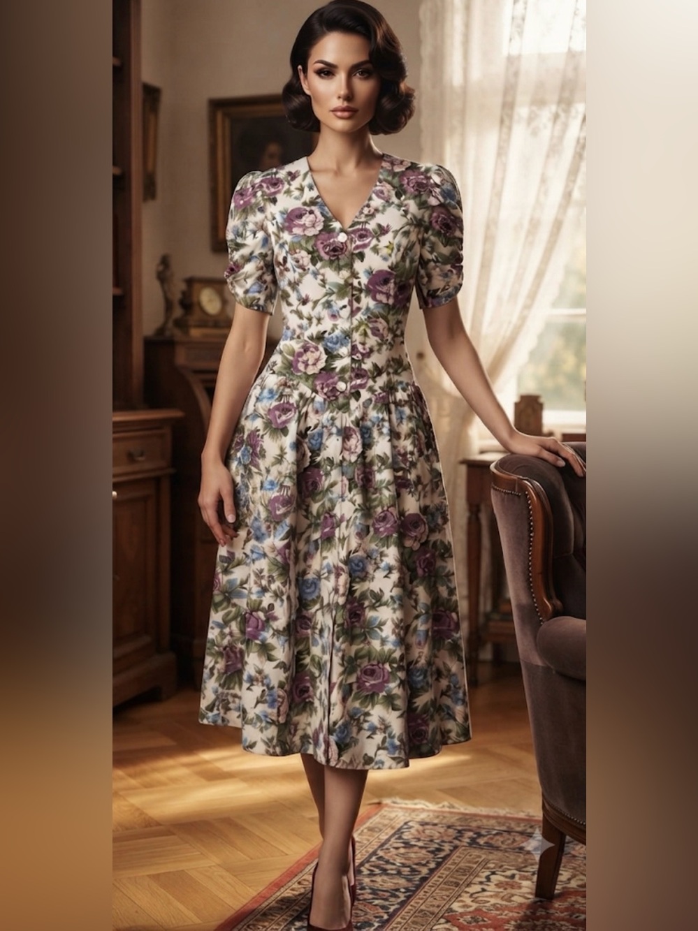 Miss Dorby Vintage Floral V-Neck Puff Sleeve Midi Dress